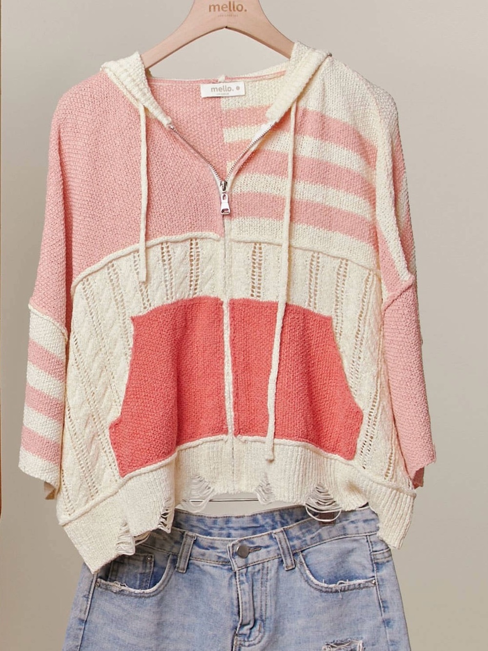 NWT Mello. Coral Stripe Distressed Knit Hoodie – Size Medium